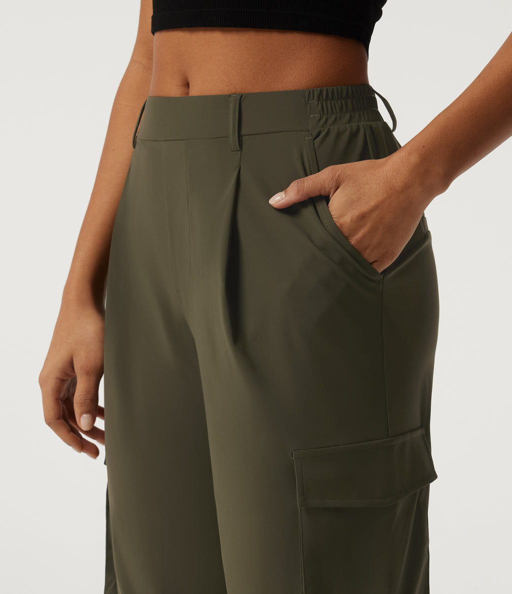 Mid Rise Quick Dry Wrinkle Recovery Tapered Running Cargo Trousers with Pockets — Forest Night — view 4