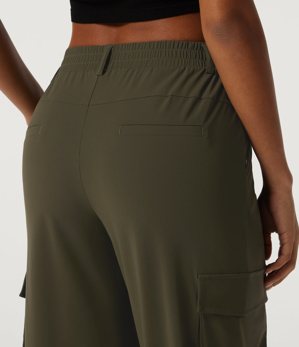 Mid Rise Quick Dry Wrinkle Recovery Tapered Running Cargo Trousers with Pockets — Forest Night — view 5