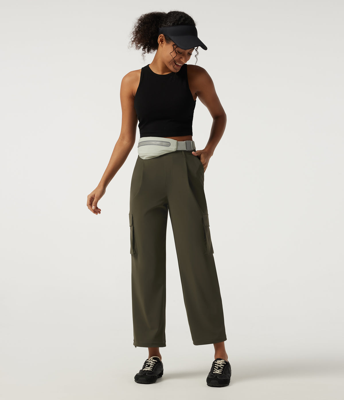Mid Rise Quick Dry Wrinkle Recovery Tapered Running Cargo Trousers with Pockets — Forest Night — view 8