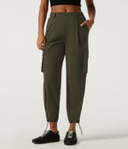 Mid Rise Quick Dry Wrinkle Recovery Tapered Running Cargo Trousers with Pockets — Forest Night — view 3