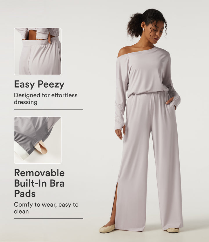 One Shoulder Long Sleeve Wide Leg Casual Jumpsuit with Built-in Bra and Pockets -Edition — Ashes of Roses — view 1