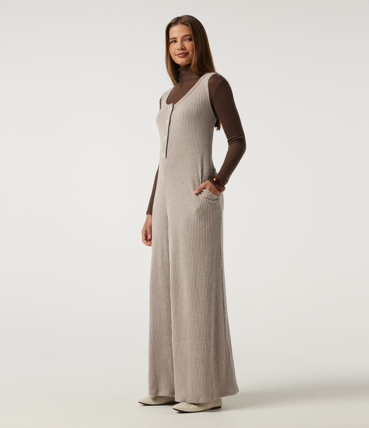 Ribbed Knit U Neck Wide Leg Casual Jumpsuit with Pockets — Smoked Olive — view 3