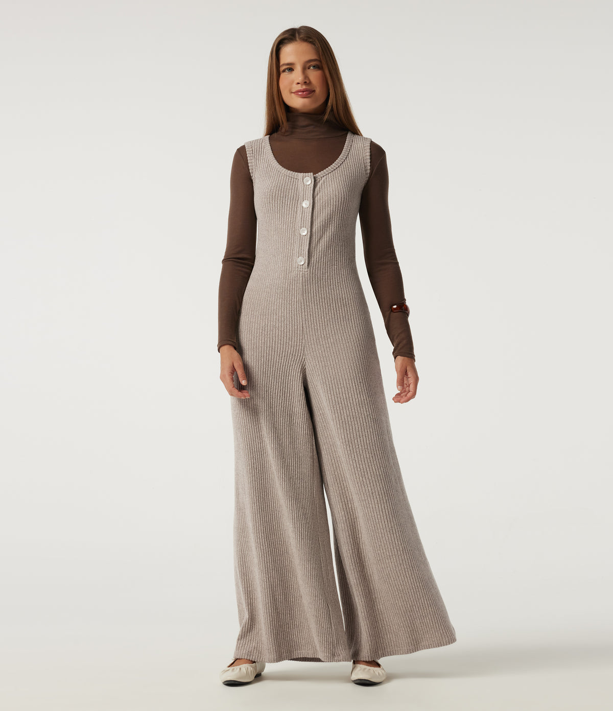 Ribbed Knit U Neck Wide Leg Casual Jumpsuit with Pockets — Smoked Olive — view 1