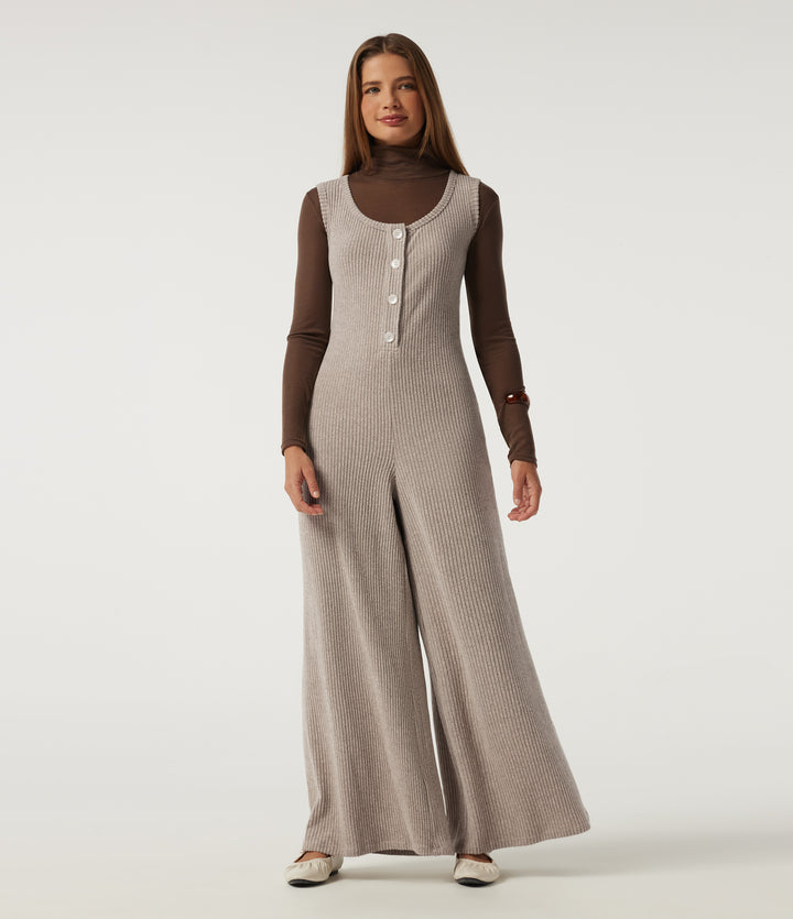 Ribbed Knit U Neck Wide Leg Casual Jumpsuit with Pockets — Smoked Olive — view 1