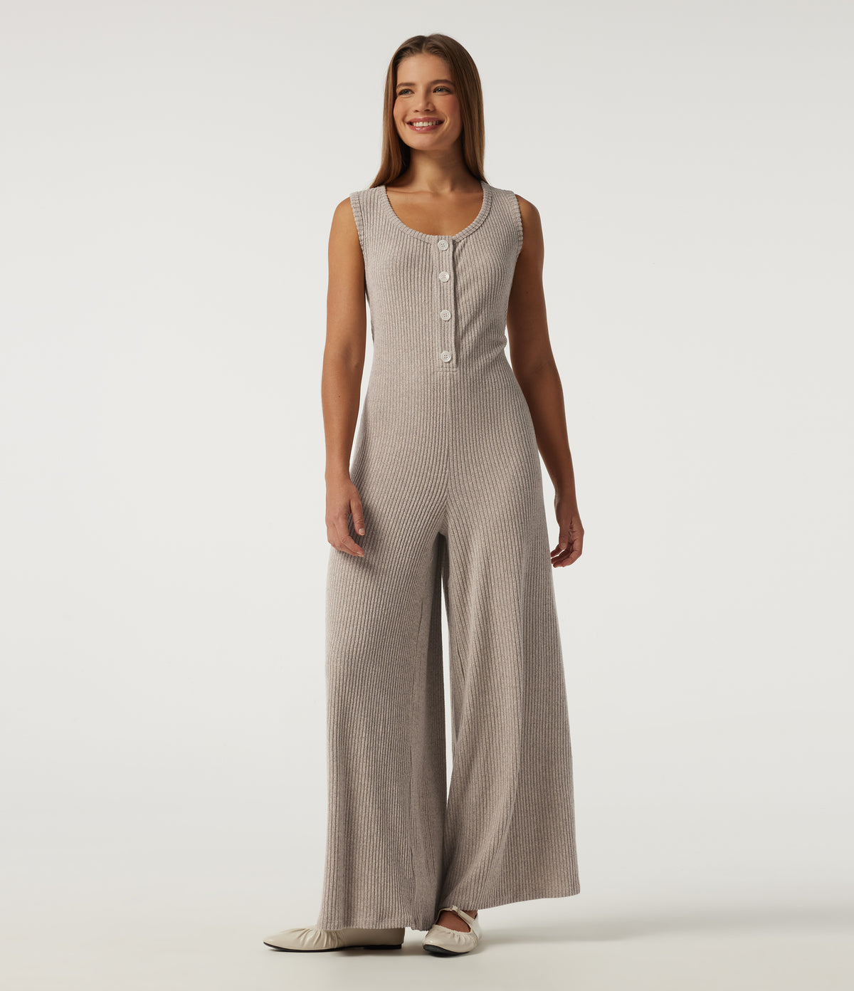Ribbed Knit U Neck Wide Leg Casual Jumpsuit with Pockets — Smoked Olive — view 4