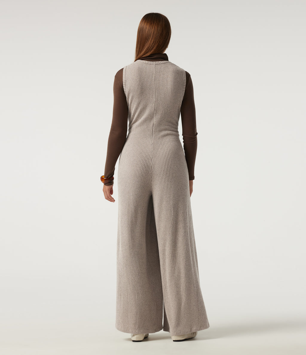 Ribbed Knit U Neck Wide Leg Casual Jumpsuit with Pockets — Smoked Olive — view 2