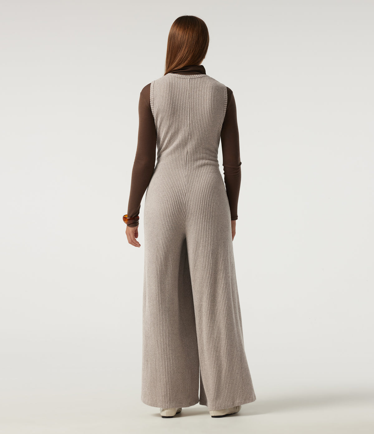 Ribbed Knit U Neck Wide Leg Casual Jumpsuit with Pockets — Smoked Olive — view 2