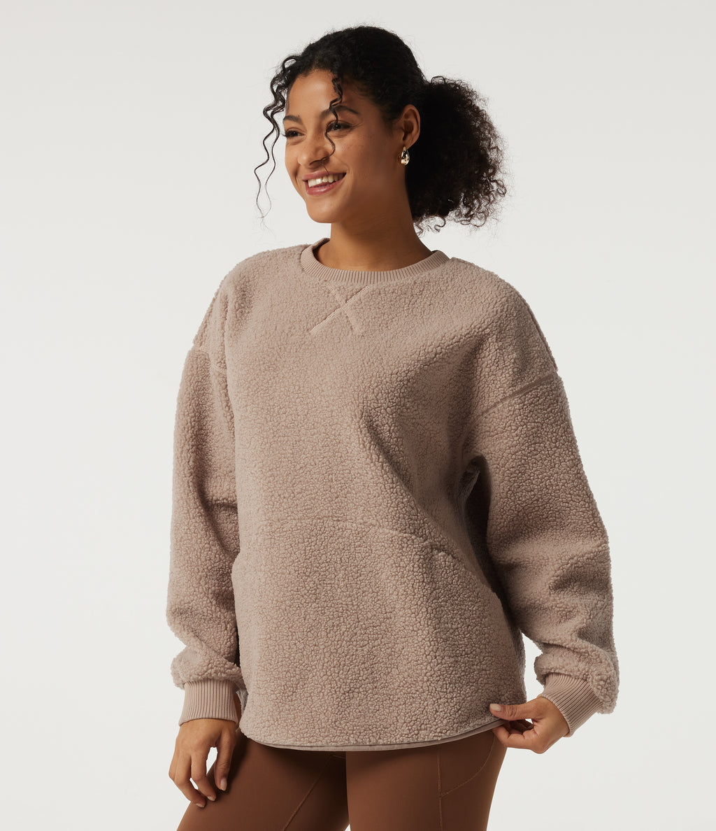 Round Neck Long Sleeve Casual Sherpa Top with Pockets — Moonlight — view 3