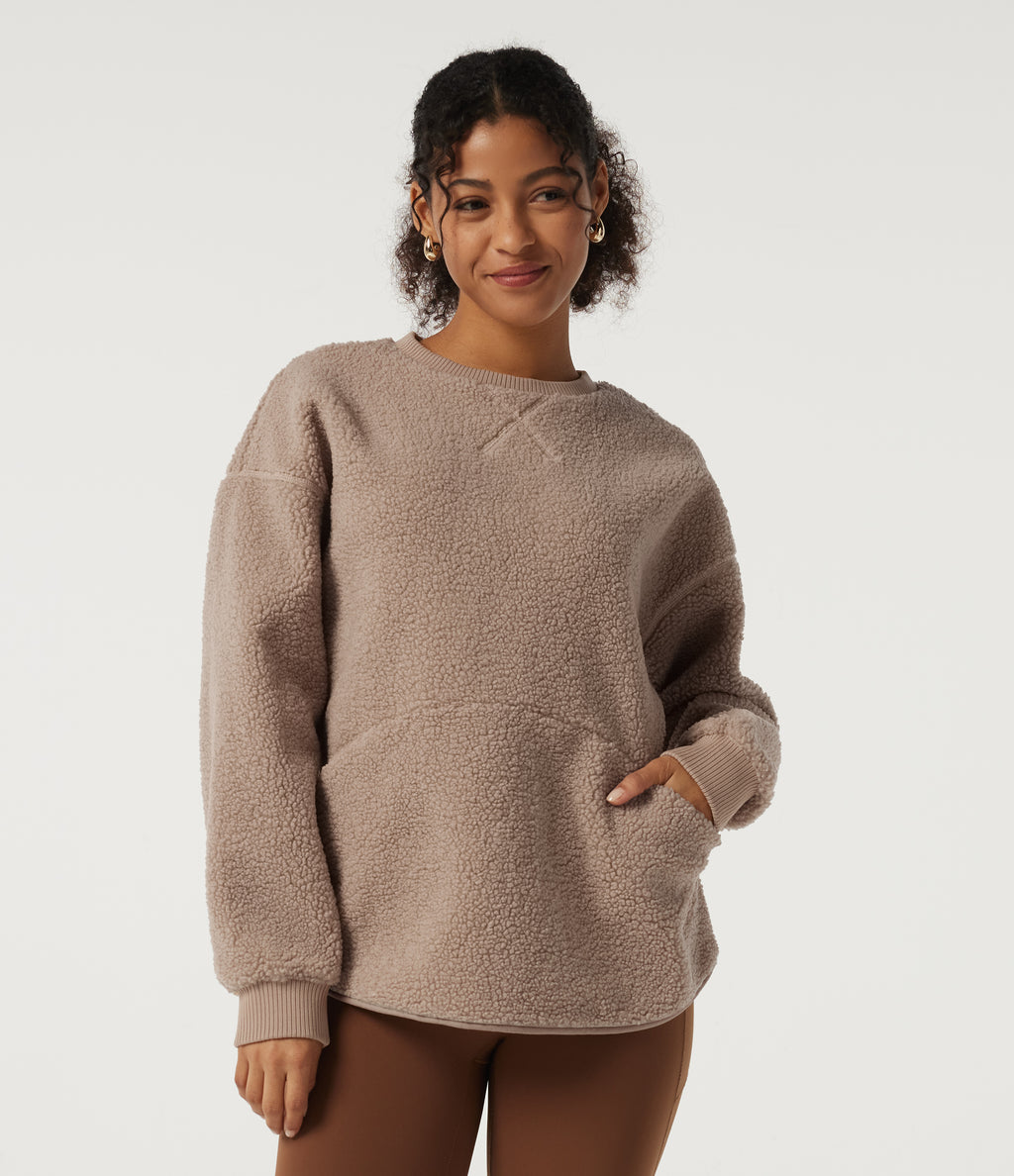 Round Neck Long Sleeve Casual Sherpa Top with Pockets — Moonlight — view 4