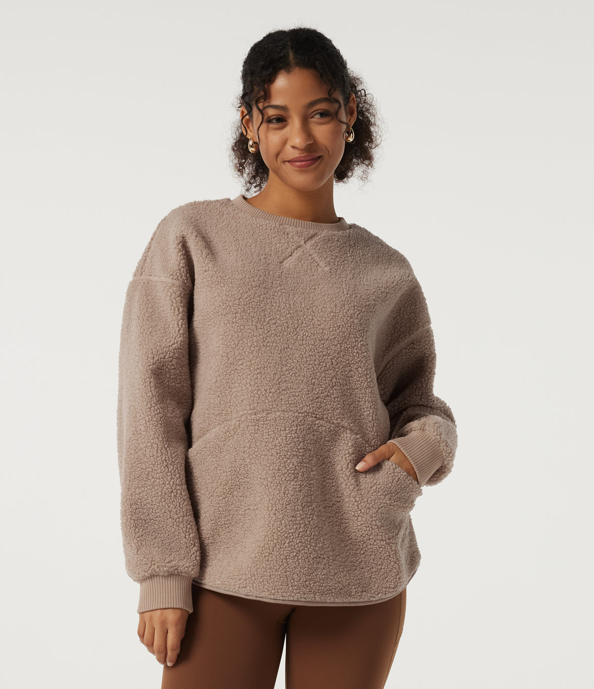 Round Neck Long Sleeve Casual Sherpa Top with Pockets — Moonlight — view 4