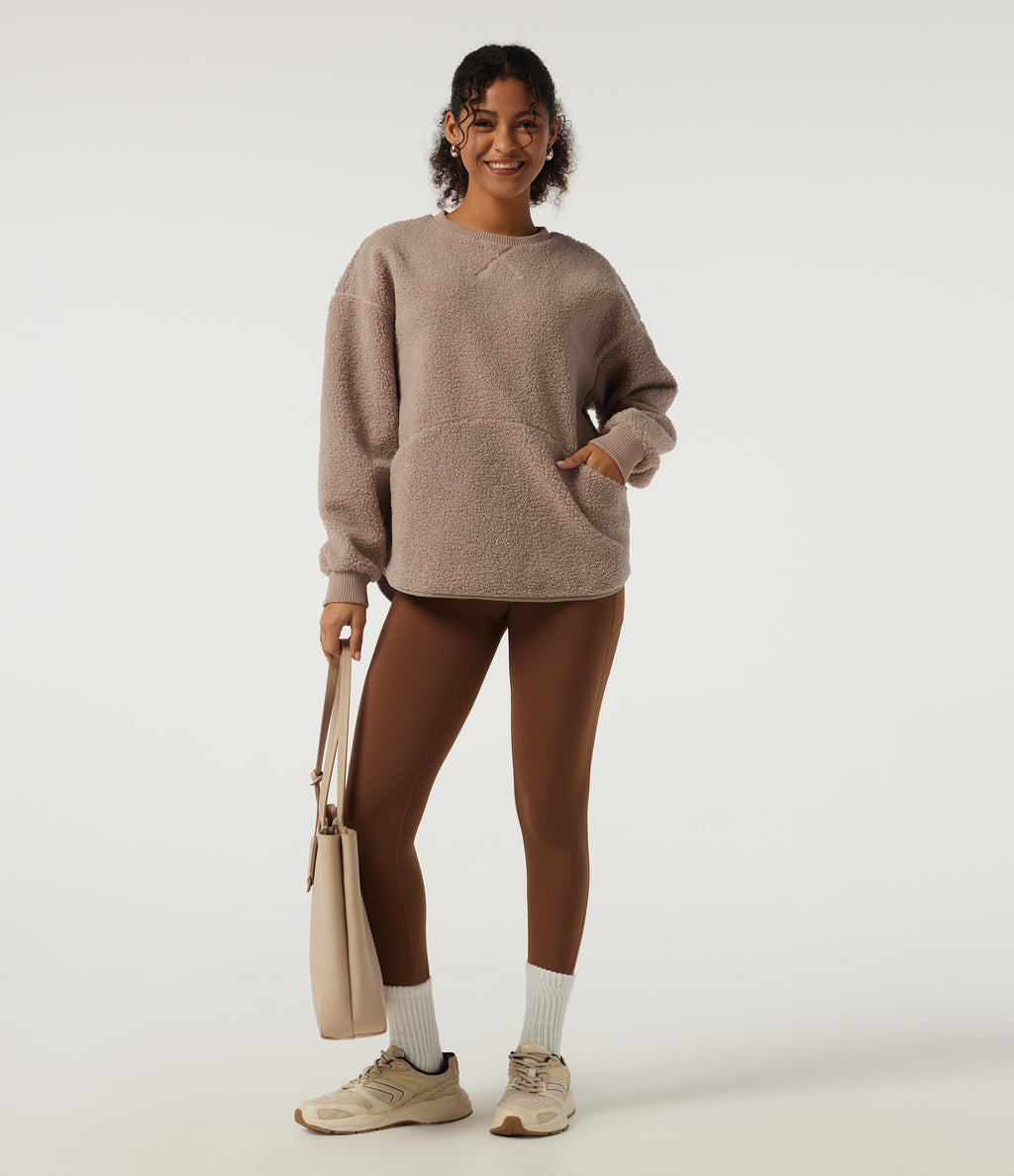 Round Neck Long Sleeve Casual Sherpa Top with Pockets — Moonlight — view 5
