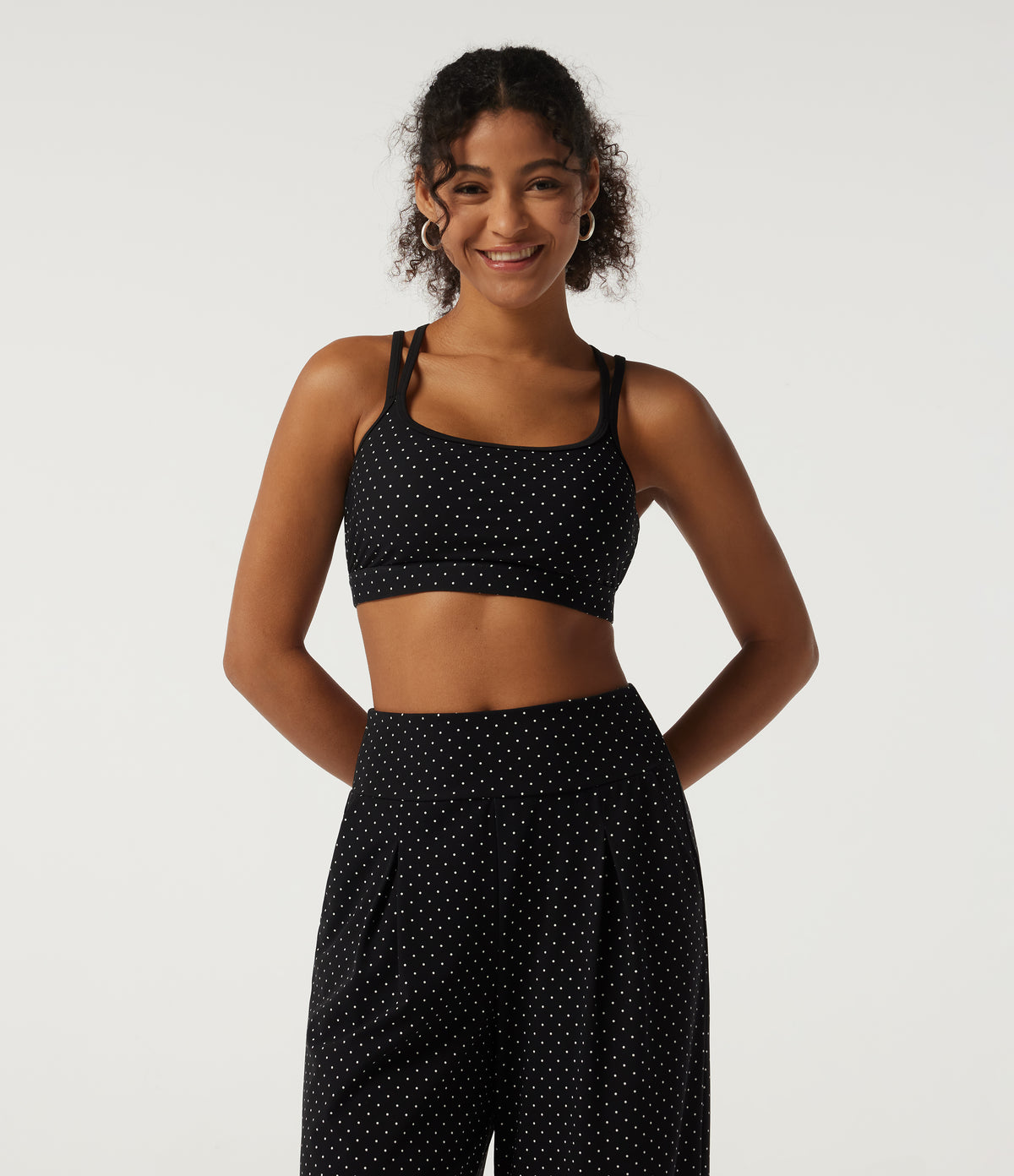 U Neck Polka Dot Crossover Yoga Tank Top with Built-in Bra — Retro Micro Dot — view 2
