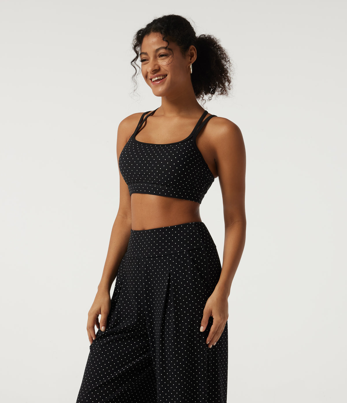 U Neck Polka Dot Crossover Yoga Tank Top with Built-in Bra — Retro Micro Dot — view 3