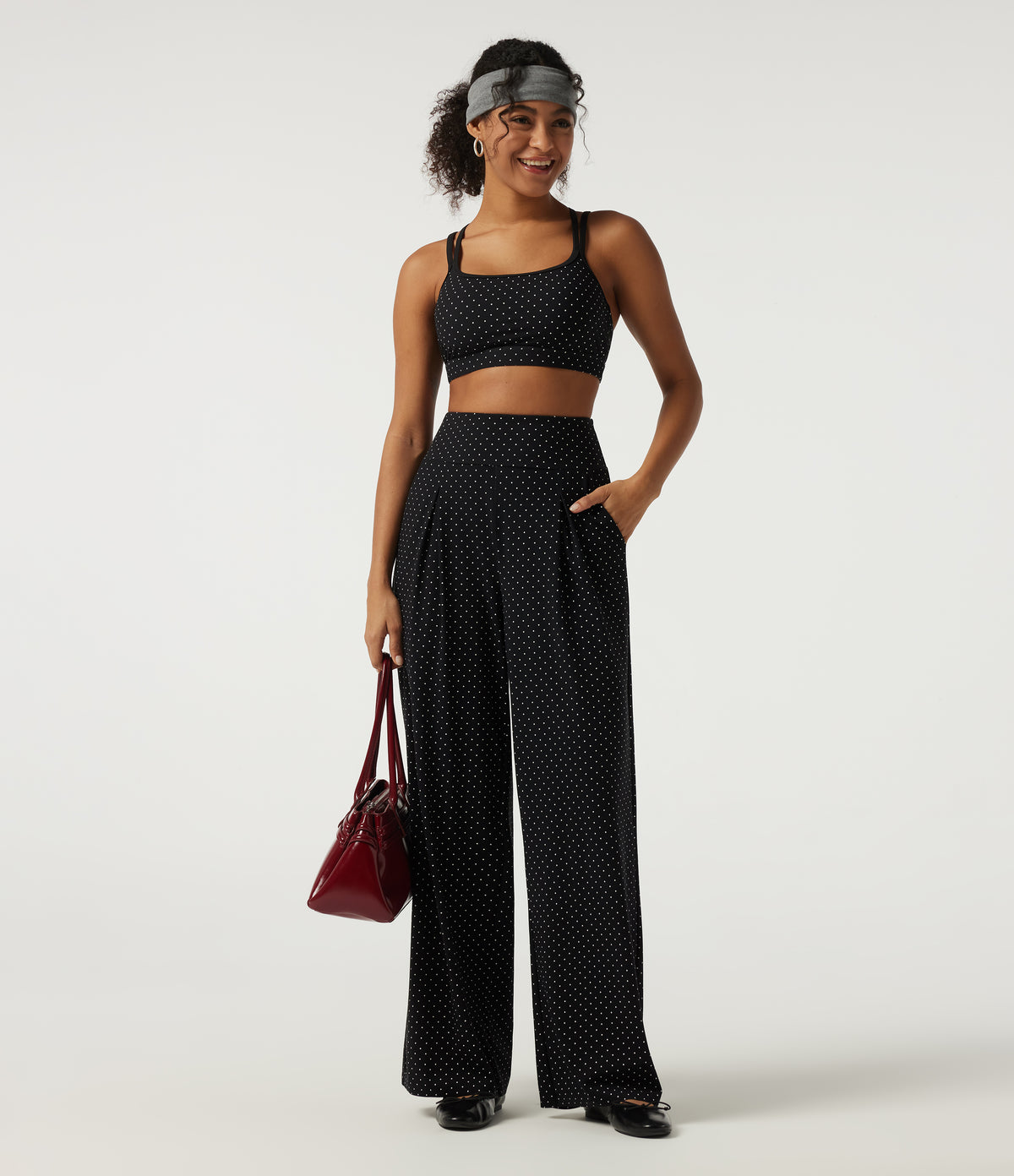 U Neck Polka Dot Crossover Yoga Tank Top with Built-in Bra — Retro Micro Dot — view 7