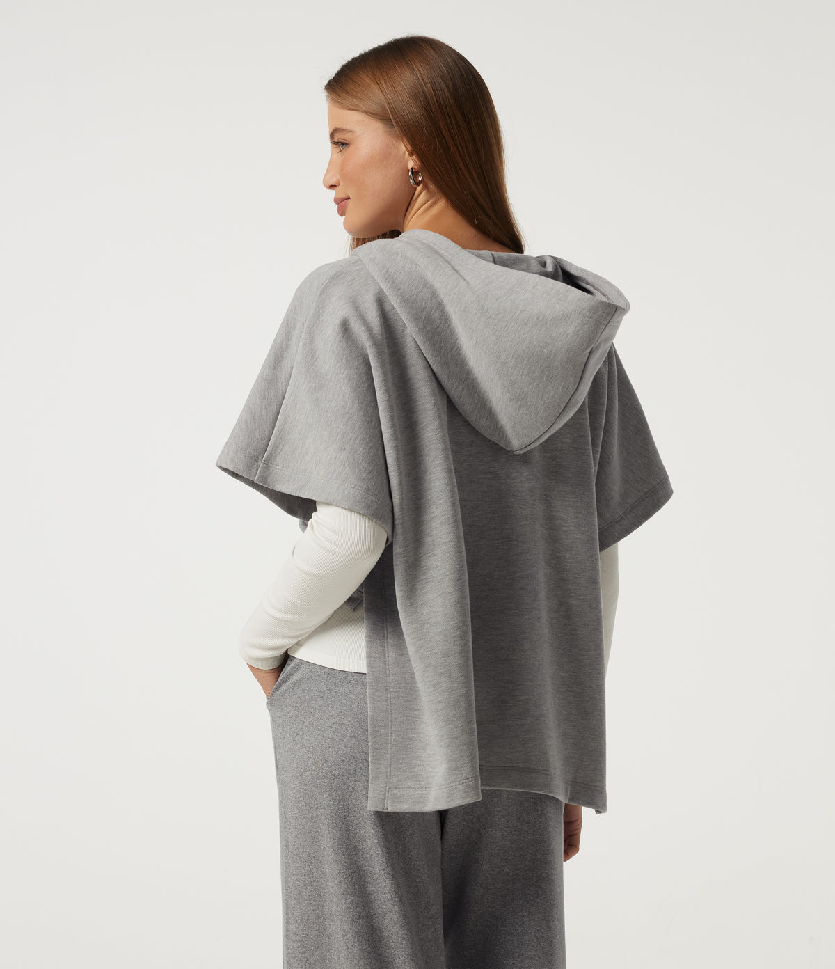 Hooded Short Sleeve Split Hem Casual Sweatshirt — Fog Gray — view 2