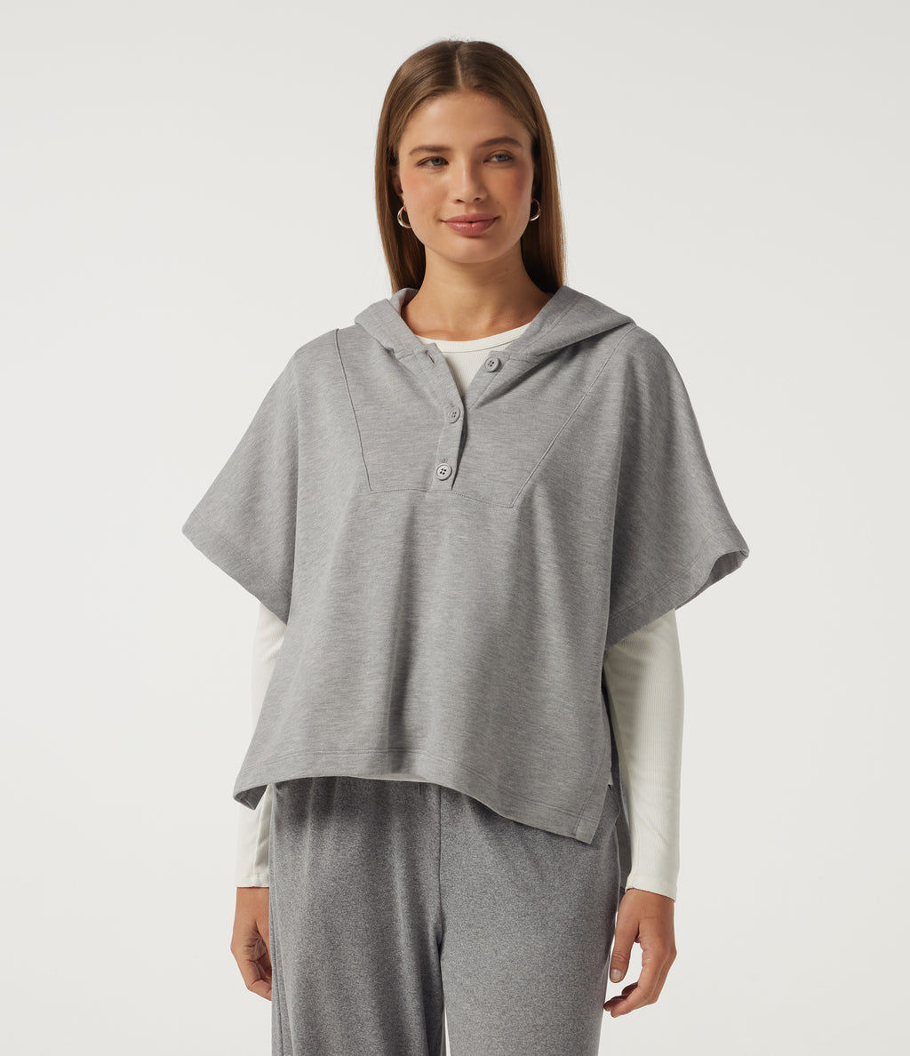 Hooded Short Sleeve Split Hem Casual Sweatshirt — Fog Gray — view 3