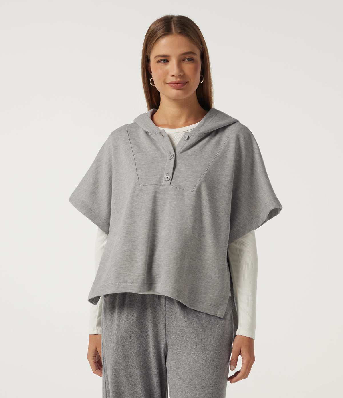Hooded Short Sleeve Split Hem Casual Sweatshirt — Fog Gray — view 3