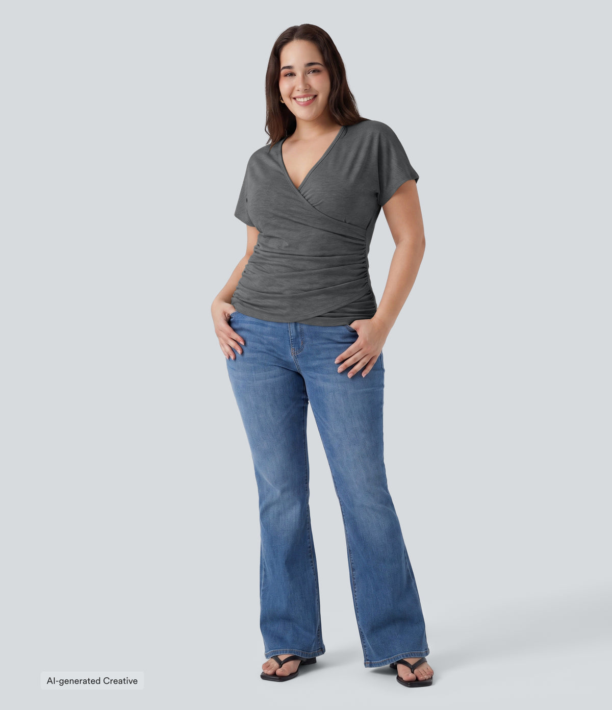 Plus Size V Neck Short Sleeve Ruched Casual Top — Darl Gray Floral Yarn — view 5