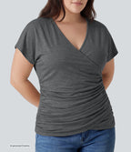 Plus Size V Neck Short Sleeve Ruched Casual Top — Darl Gray Floral Yarn — view 4