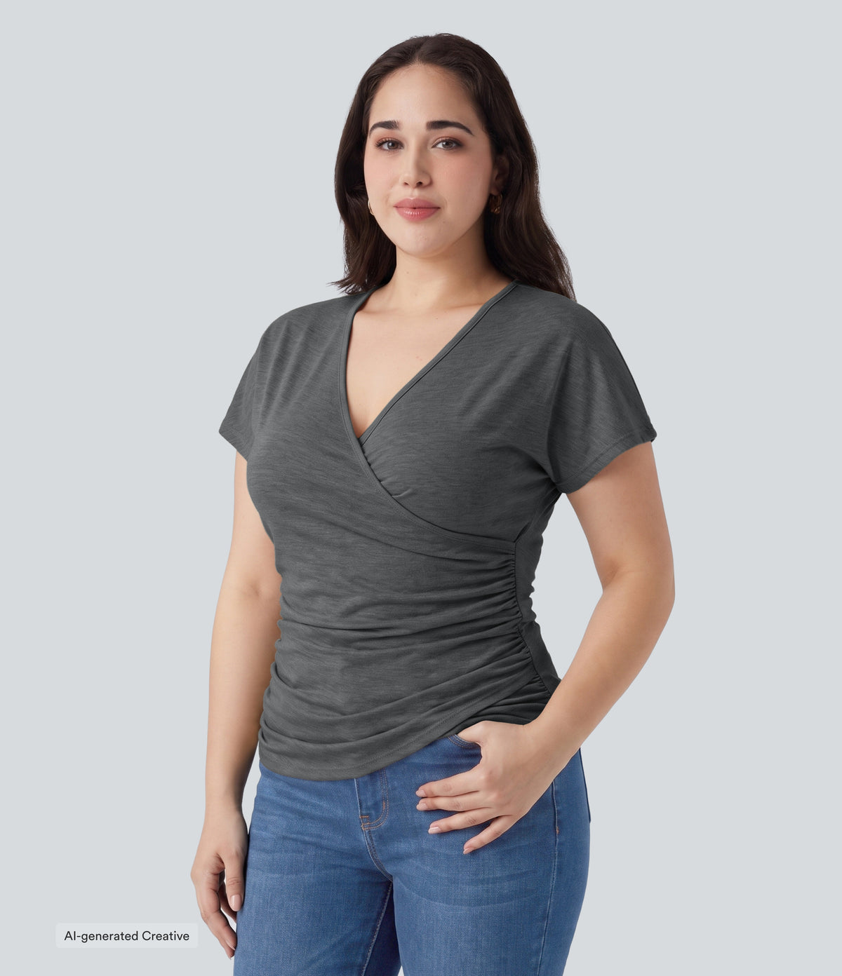 Plus Size V Neck Short Sleeve Ruched Casual Top — Darl Gray Floral Yarn — view 3