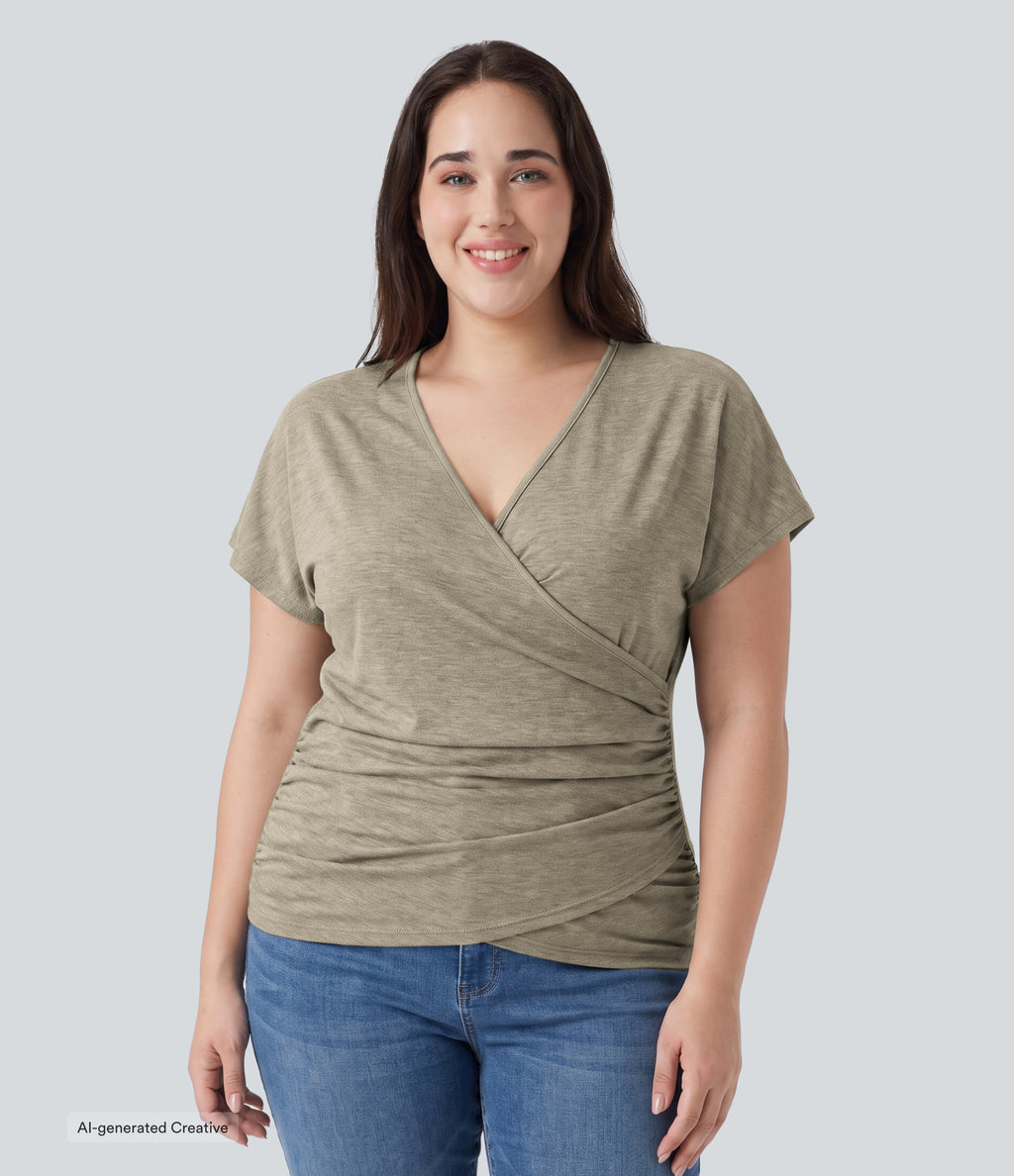 Plus Size V Neck Short Sleeve Ruched Casual Top — Khaki Floral Yarn — view 6
