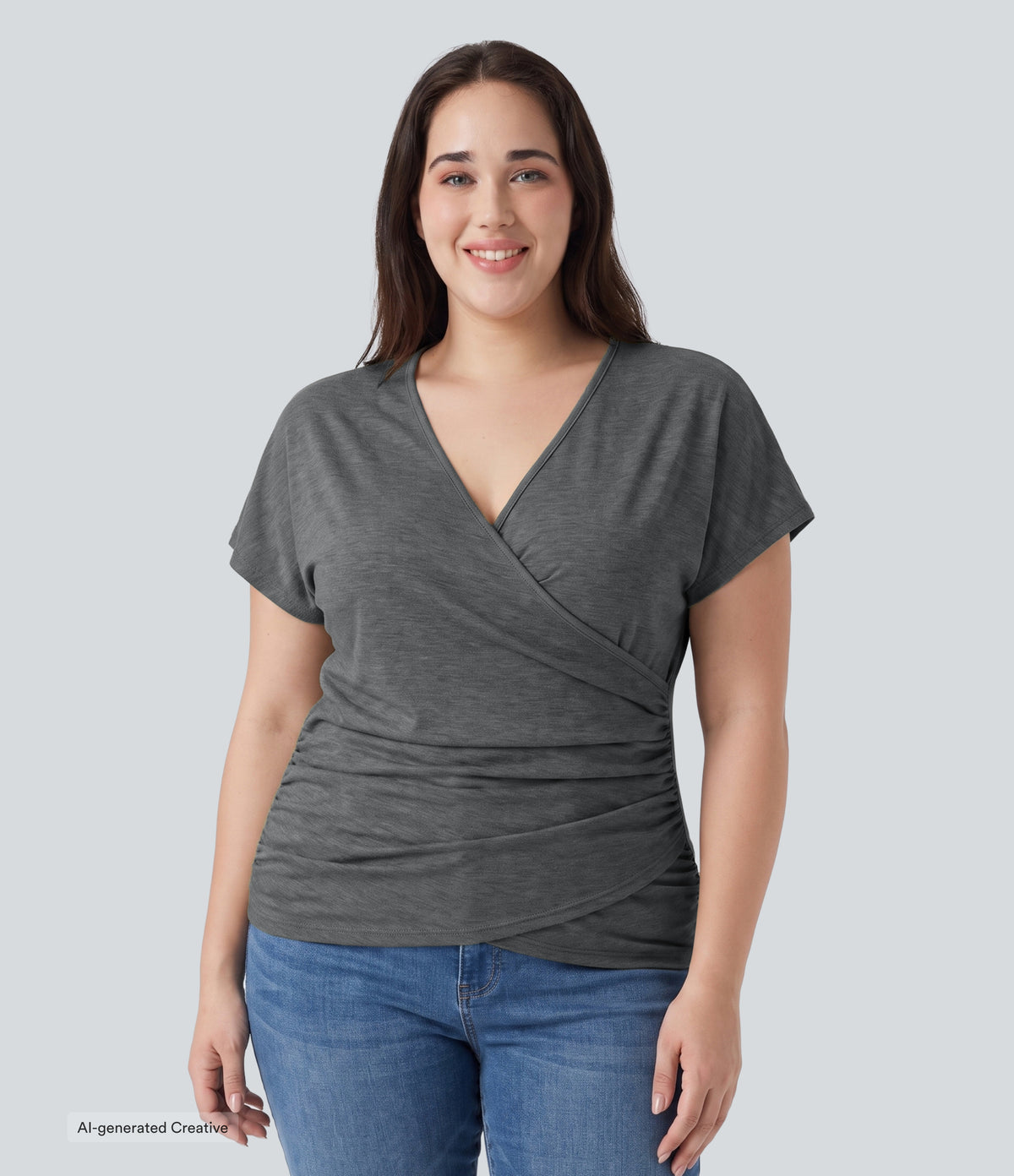 Plus Size V Neck Short Sleeve Ruched Casual Top — Darl Gray Floral Yarn — view 1