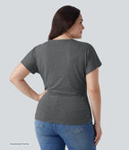 Plus Size V Neck Short Sleeve Ruched Casual Top — Darl Gray Floral Yarn — view 2