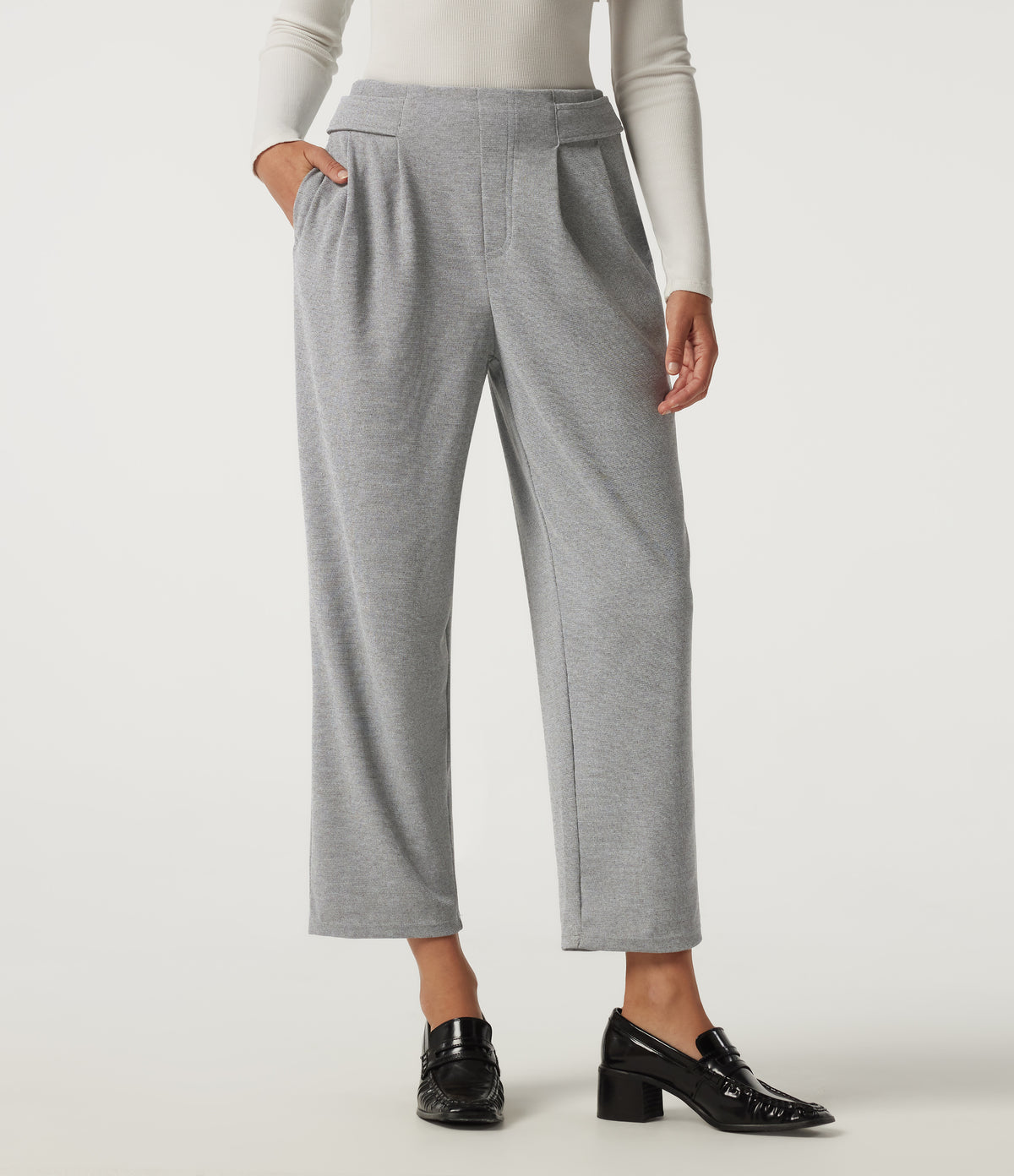 Mid Rise Tapered Ruched Waffle Work Trousers with Pockets — Waffle Gray — view 1