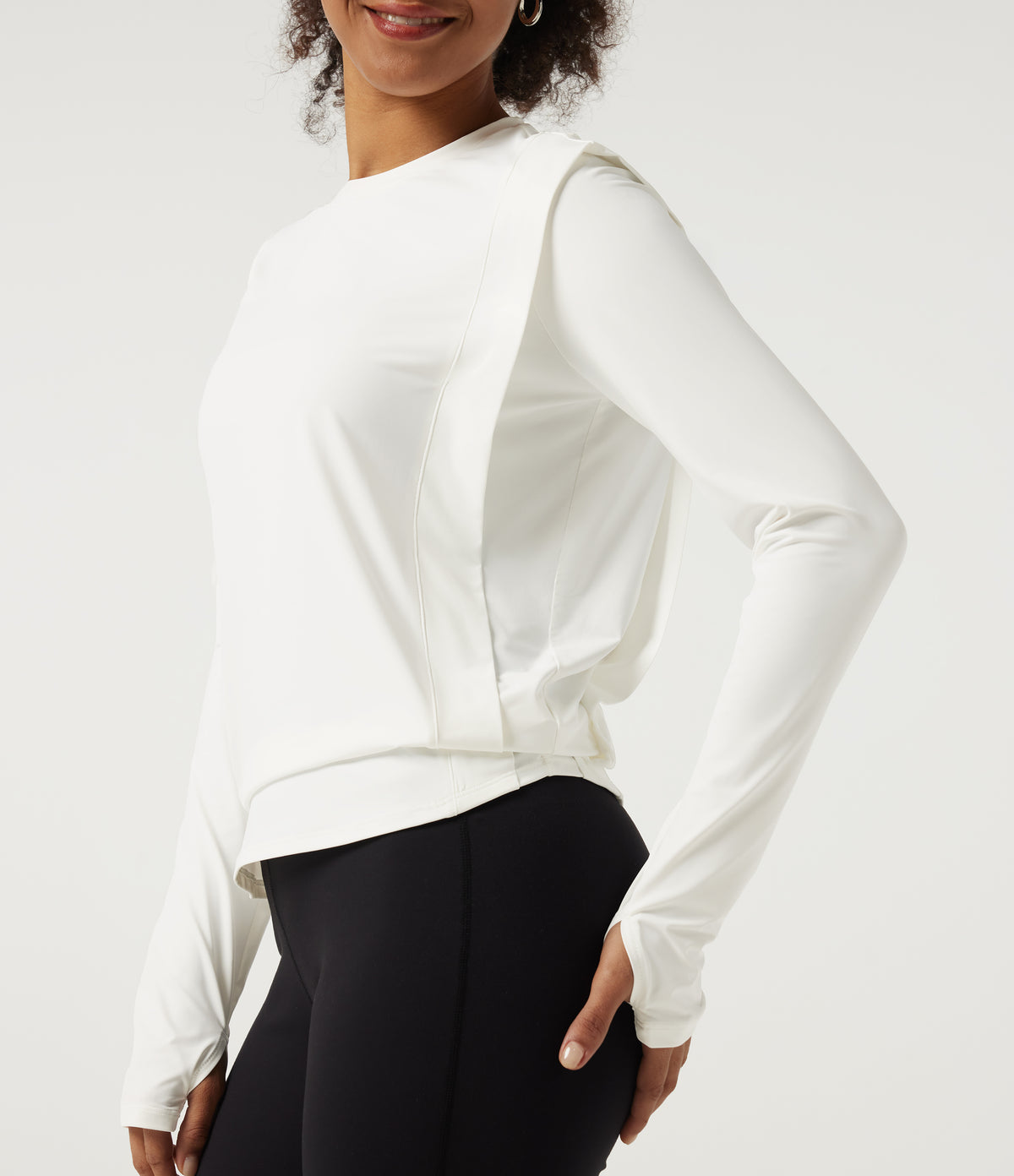 Round Neck Long Sleeve InstantCool Yoga Sports Top with Thumbholes-UPF50+ — White — view 5