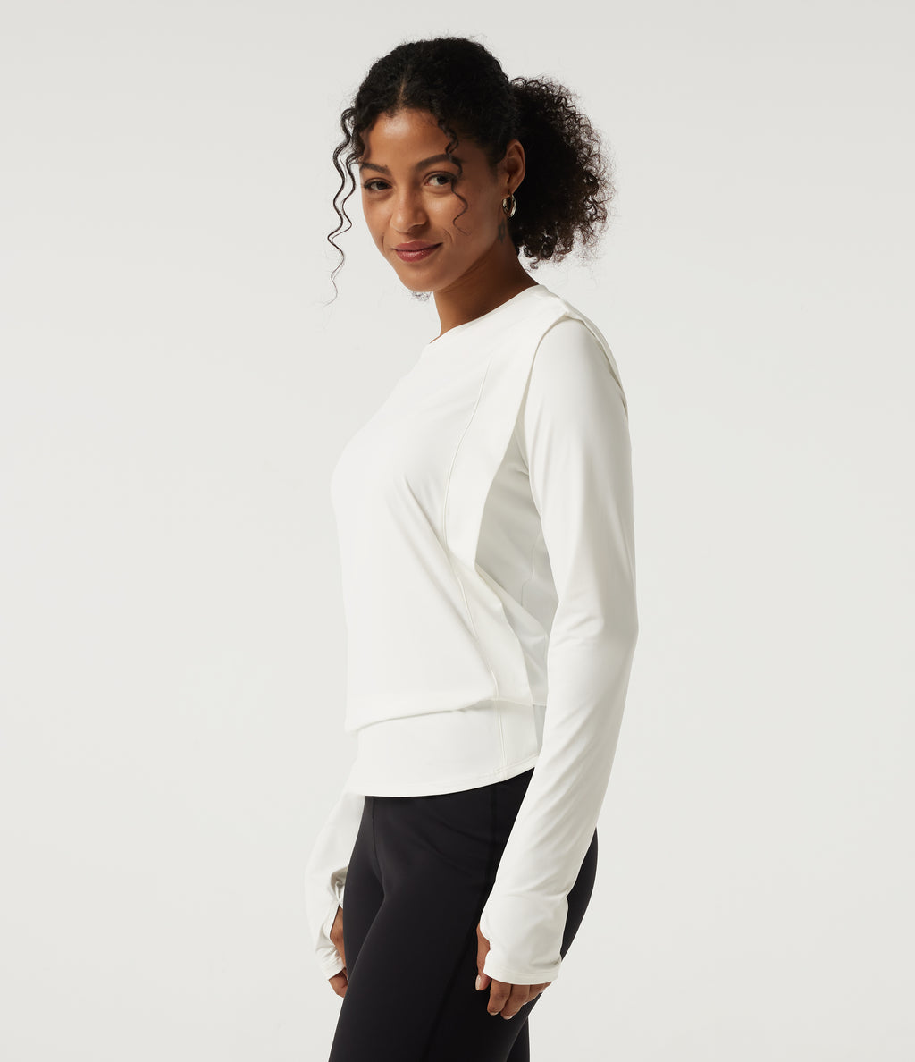 Round Neck Long Sleeve InstantCool Yoga Sports Top with Thumbholes-UPF50+ — White — view 3