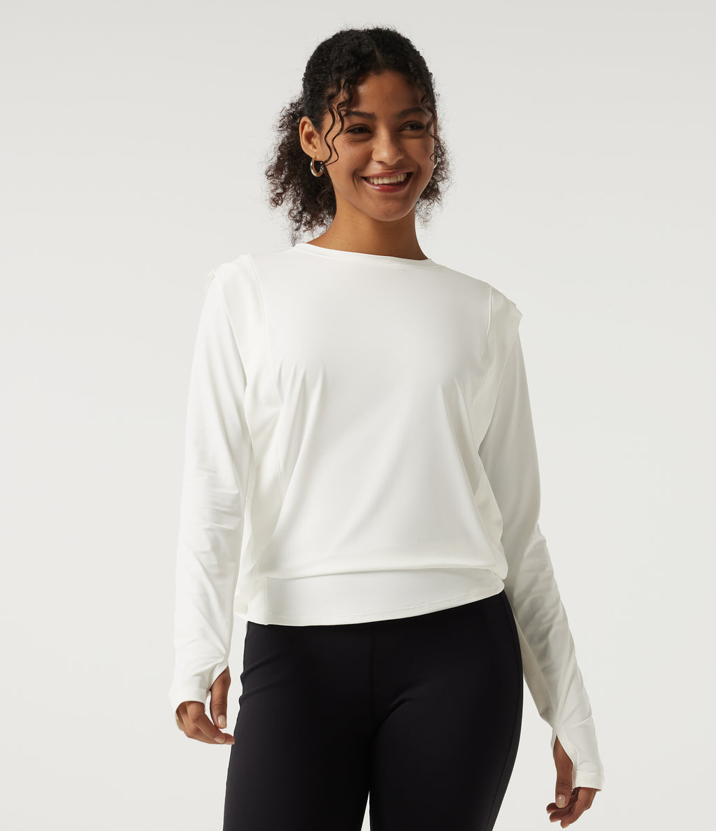 Round Neck Long Sleeve InstantCool Yoga Sports Top with Thumbholes-UPF50+ — White — view 4