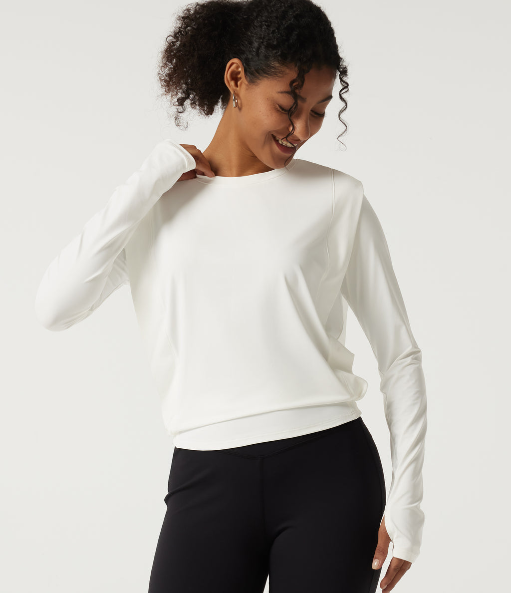 Round Neck Long Sleeve InstantCool Yoga Sports Top with Thumbholes-UPF50+ — White — view 1
