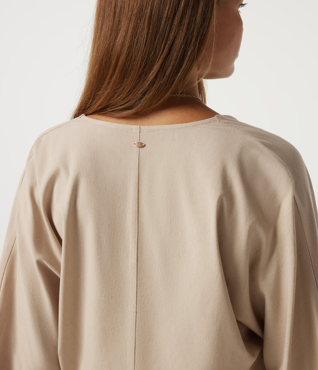 Flounce Long Sleeve Tie Front Casual Stretch Linen Blouse — Oatfield Cream — view 6