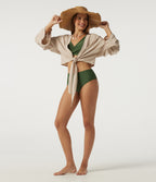 Flounce Long Sleeve Tie Front Casual Stretch Linen Blouse — Oatfield Cream — view 7