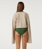 Flounce Long Sleeve Tie Front Casual Stretch Linen Blouse — Oatfield Cream — view 2