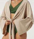 Flounce Long Sleeve Tie Front Casual Stretch Linen Blouse — Oatfield Cream — view 5