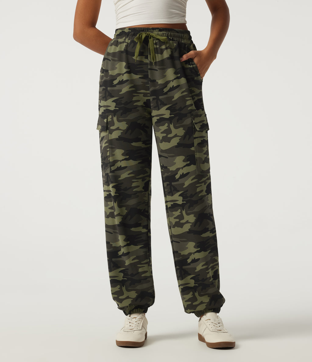 High Waisted Drawstring Camo Waffle Casual Trousers with Pockets — Woodland Edge Camo — view 1