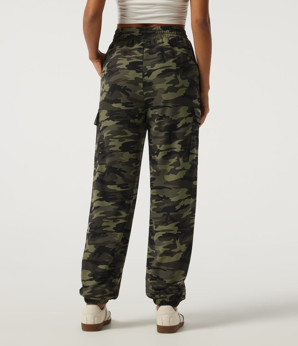 High Waisted Drawstring Camo Waffle Casual Trousers with Pockets — Woodland Edge Camo — view 2
