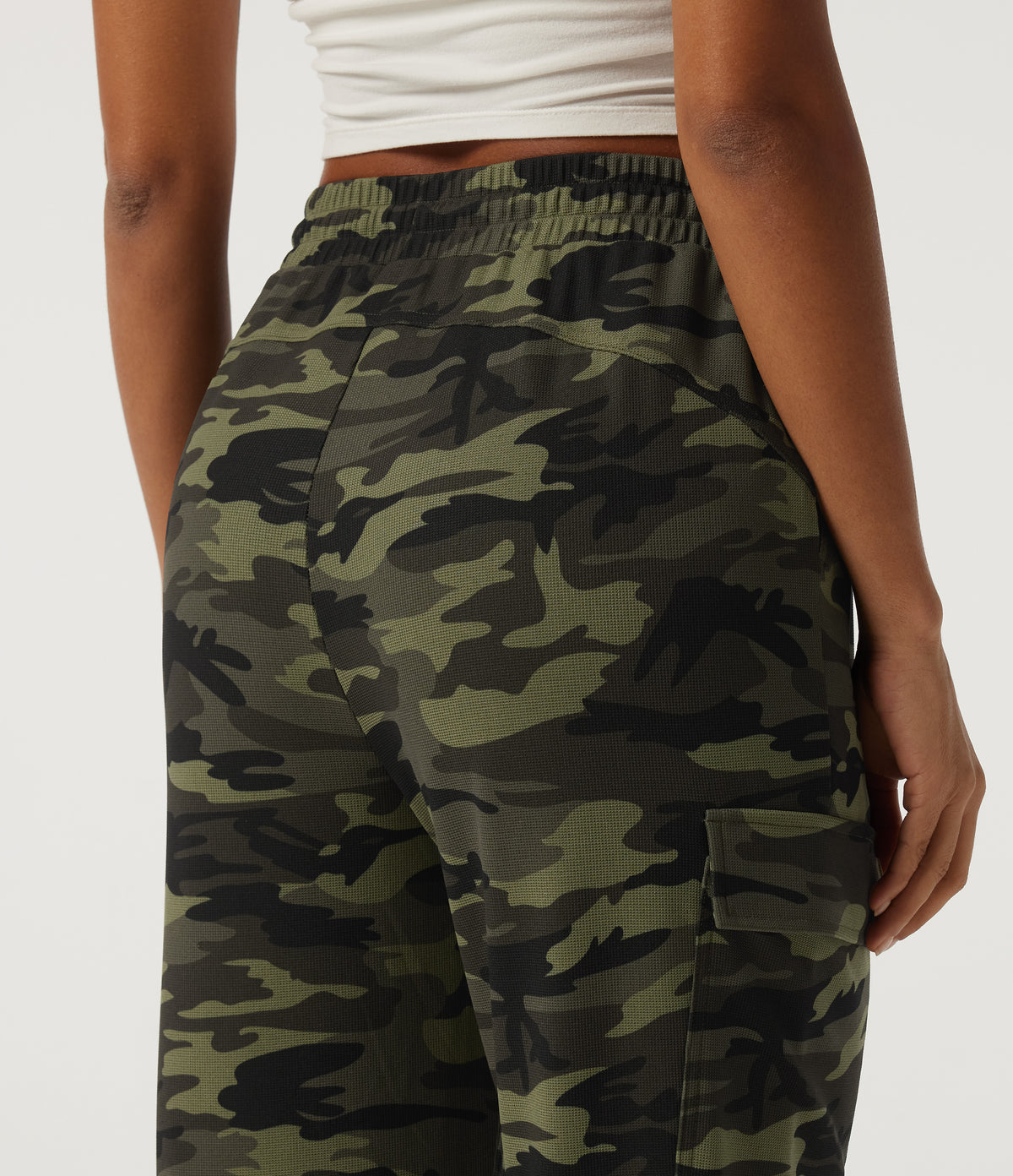 High Waisted Drawstring Camo Waffle Casual Trousers with Pockets — Woodland Edge Camo — view 5