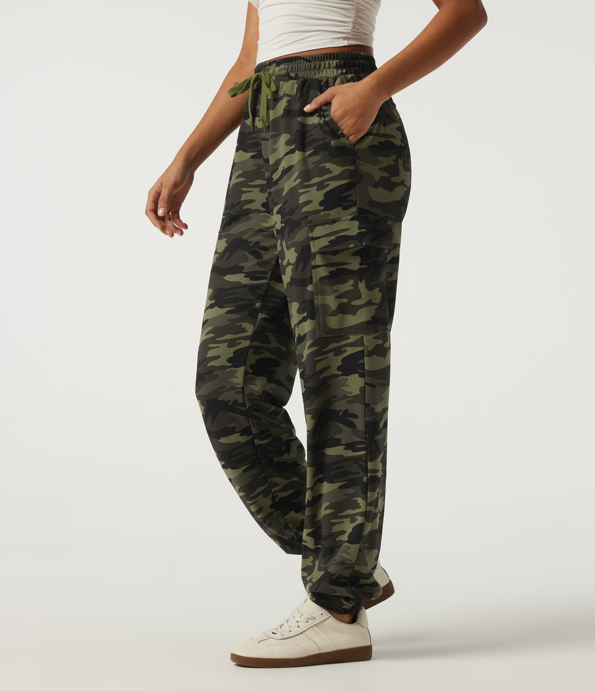 High Waisted Drawstring Camo Waffle Casual Trousers with Pockets — Woodland Edge Camo — view 3