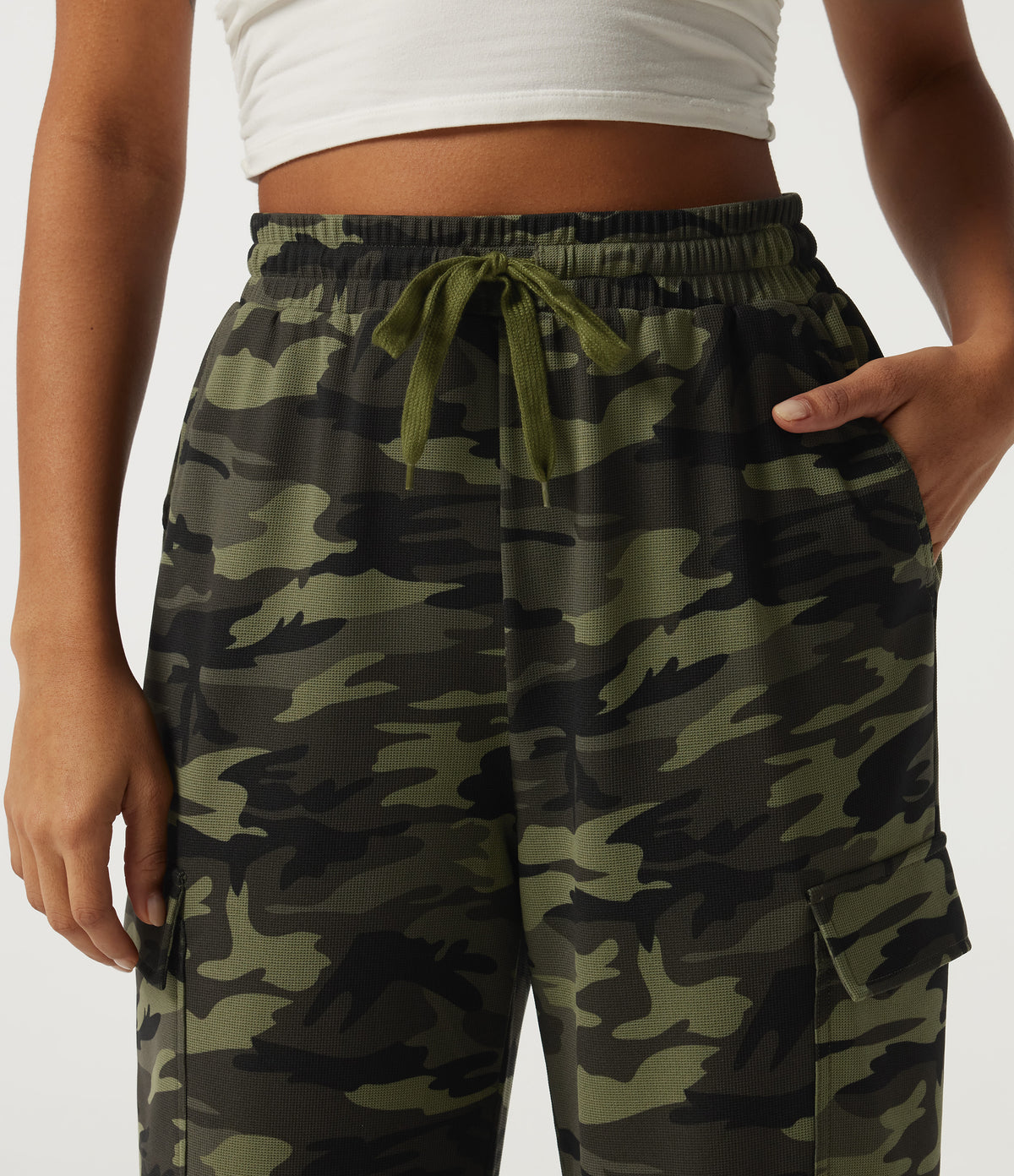 High Waisted Drawstring Camo Waffle Casual Trousers with Pockets — Woodland Edge Camo — view 4