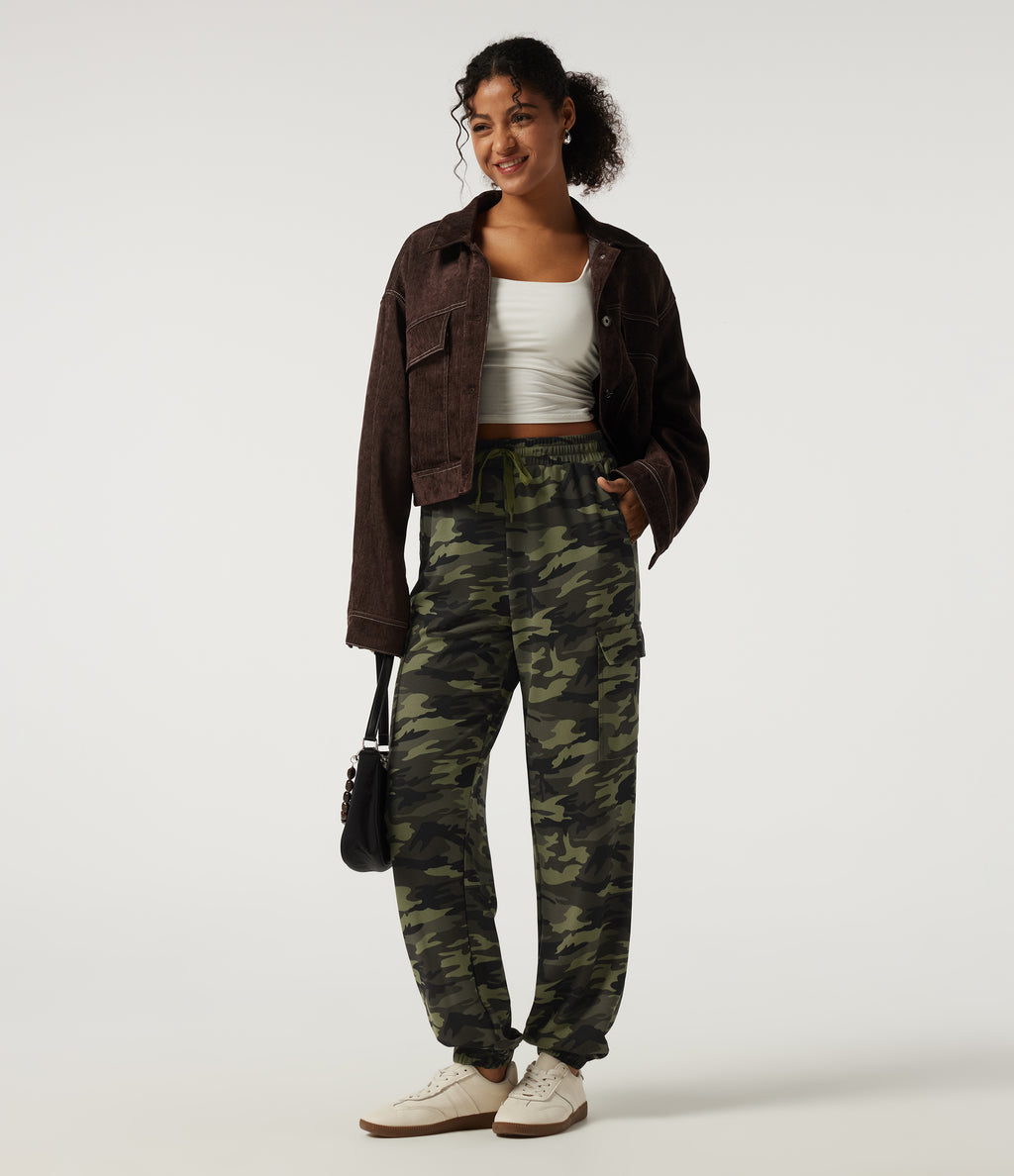 High Waisted Drawstring Camo Waffle Casual Trousers with Pockets — Woodland Edge Camo — view 7