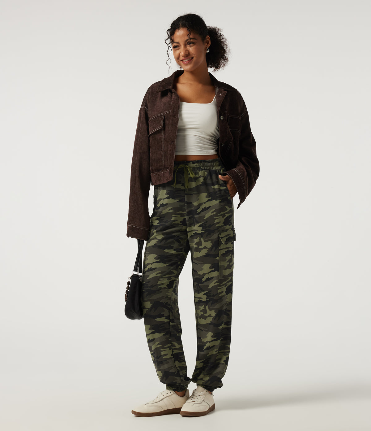 High Waisted Drawstring Camo Waffle Casual Trousers with Pockets — Woodland Edge Camo — view 7