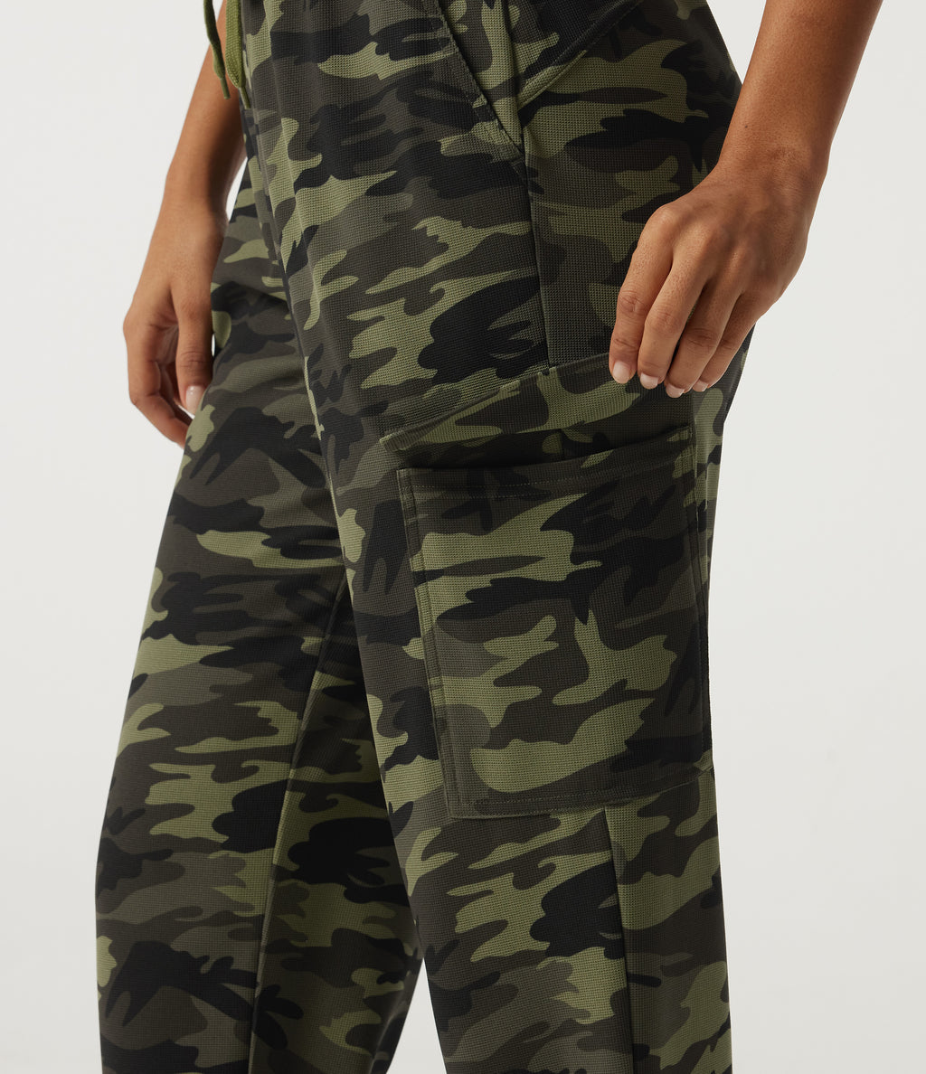 High Waisted Drawstring Camo Waffle Casual Trousers with Pockets — Woodland Edge Camo — view 6
