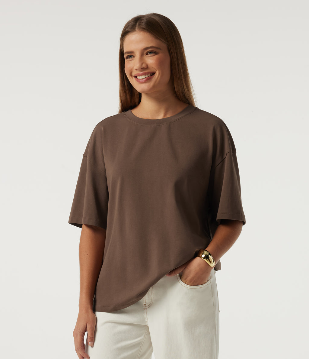 Cotton Jersey Round Neck Short Sleeve Twisted Casual T-Shirt — Pinecone — view 3