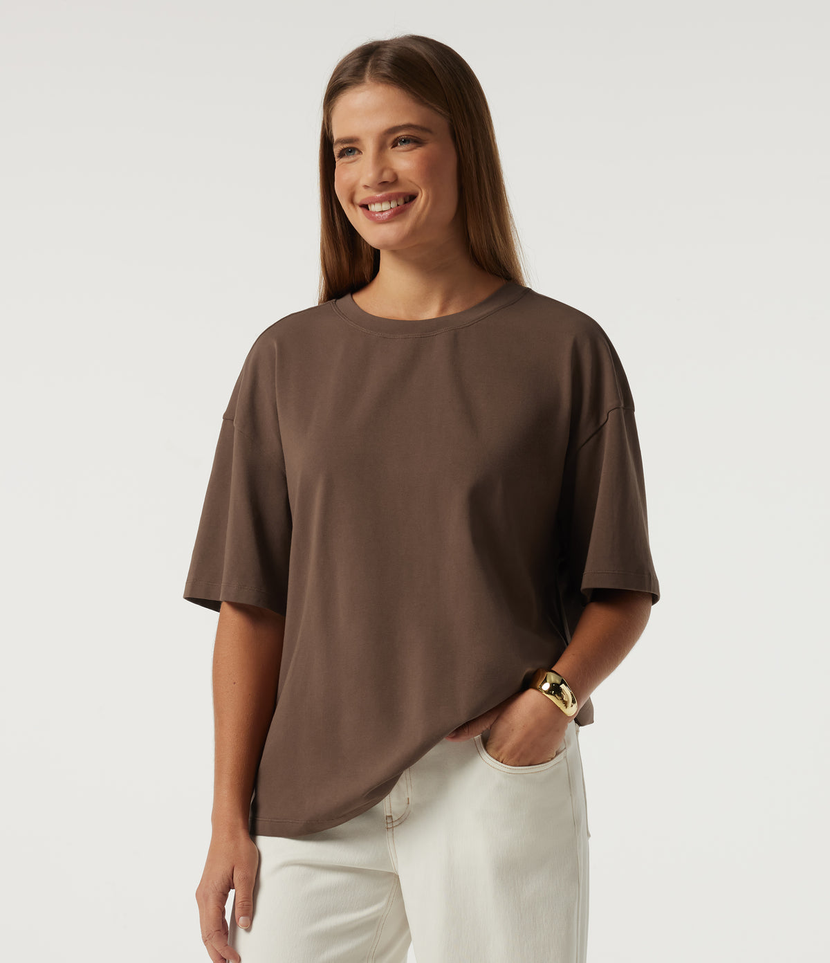Cotton Jersey Round Neck Short Sleeve Twisted Casual T-Shirt — Pinecone — view 3