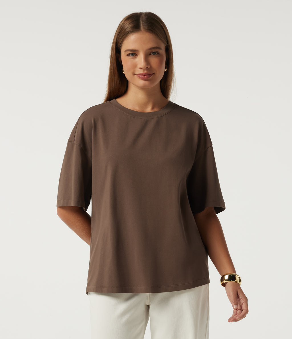 Cotton Jersey Round Neck Short Sleeve Twisted Casual T-Shirt — Pinecone — view 2
