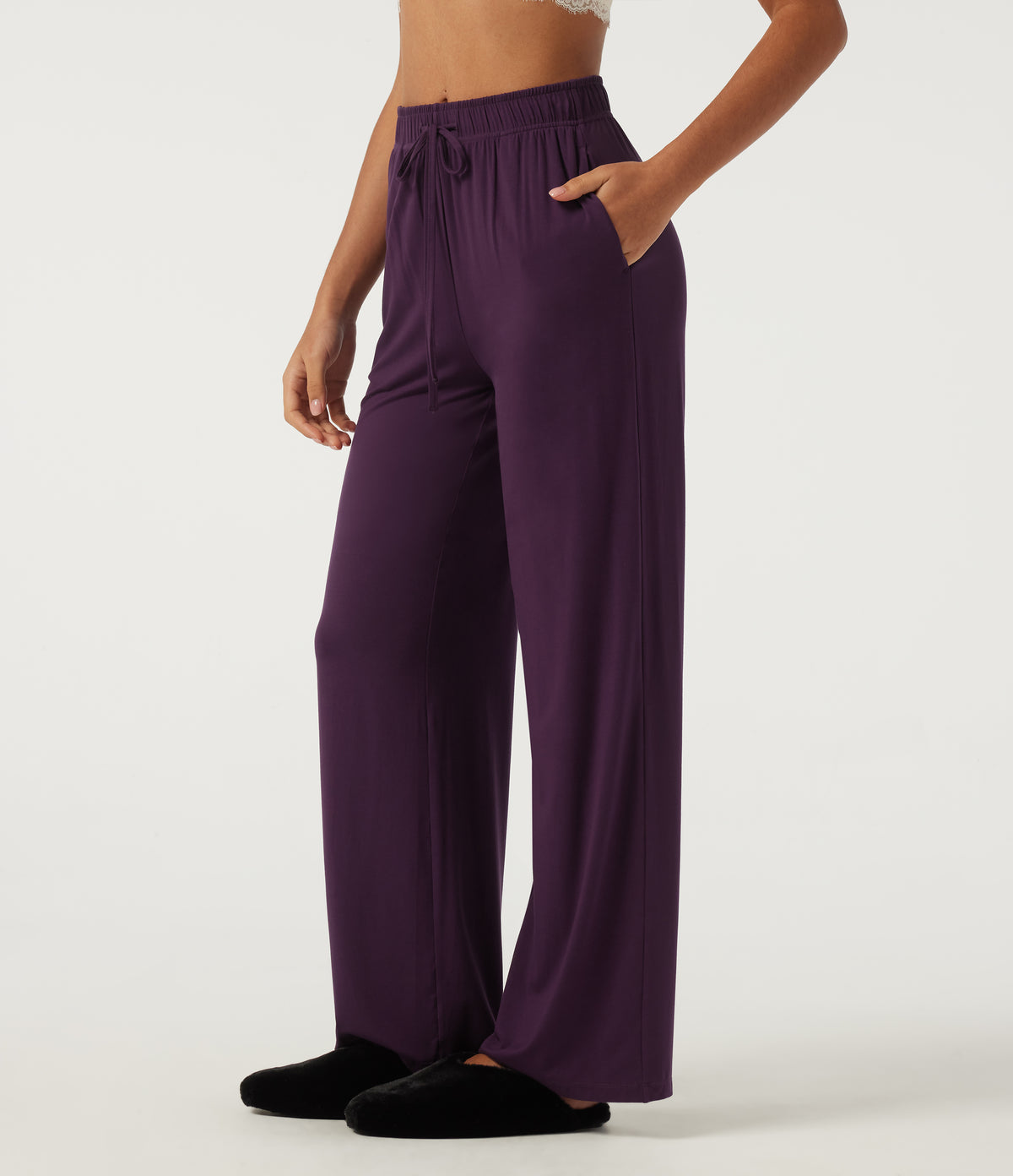 High Waisted Drawstring Straight Leg Casual Sweatpants with Pockets — Potent Purple — view 3