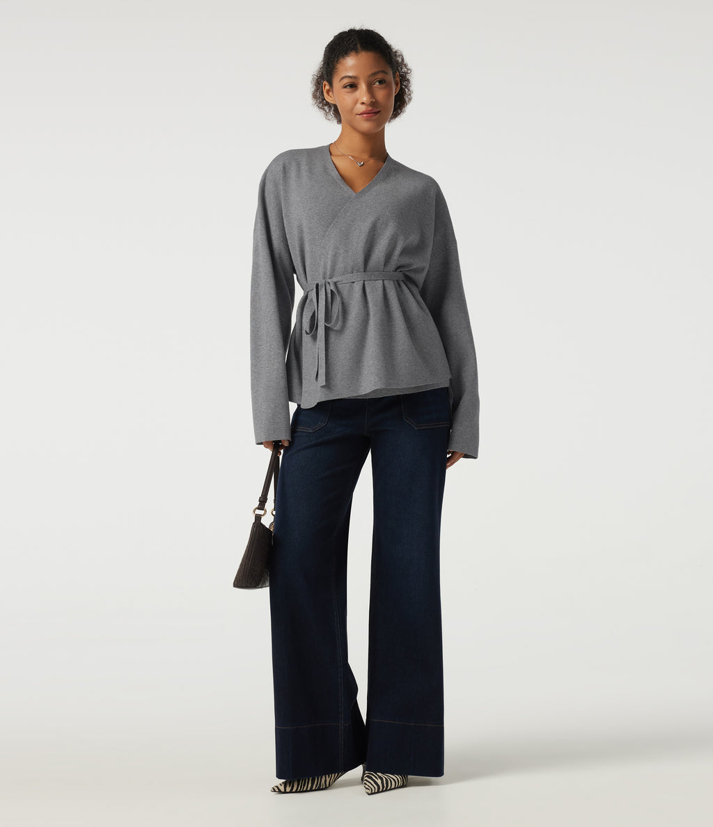 V Neck Long Sleeve Belted Work Cardigan — December Sky — view 8