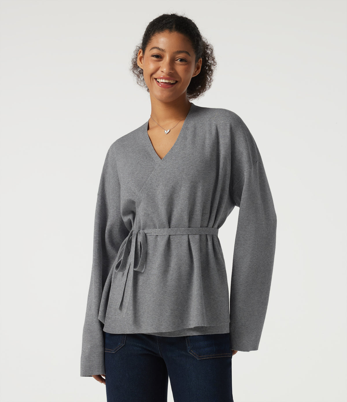 V Neck Long Sleeve Belted Work Cardigan — December Sky — view 1